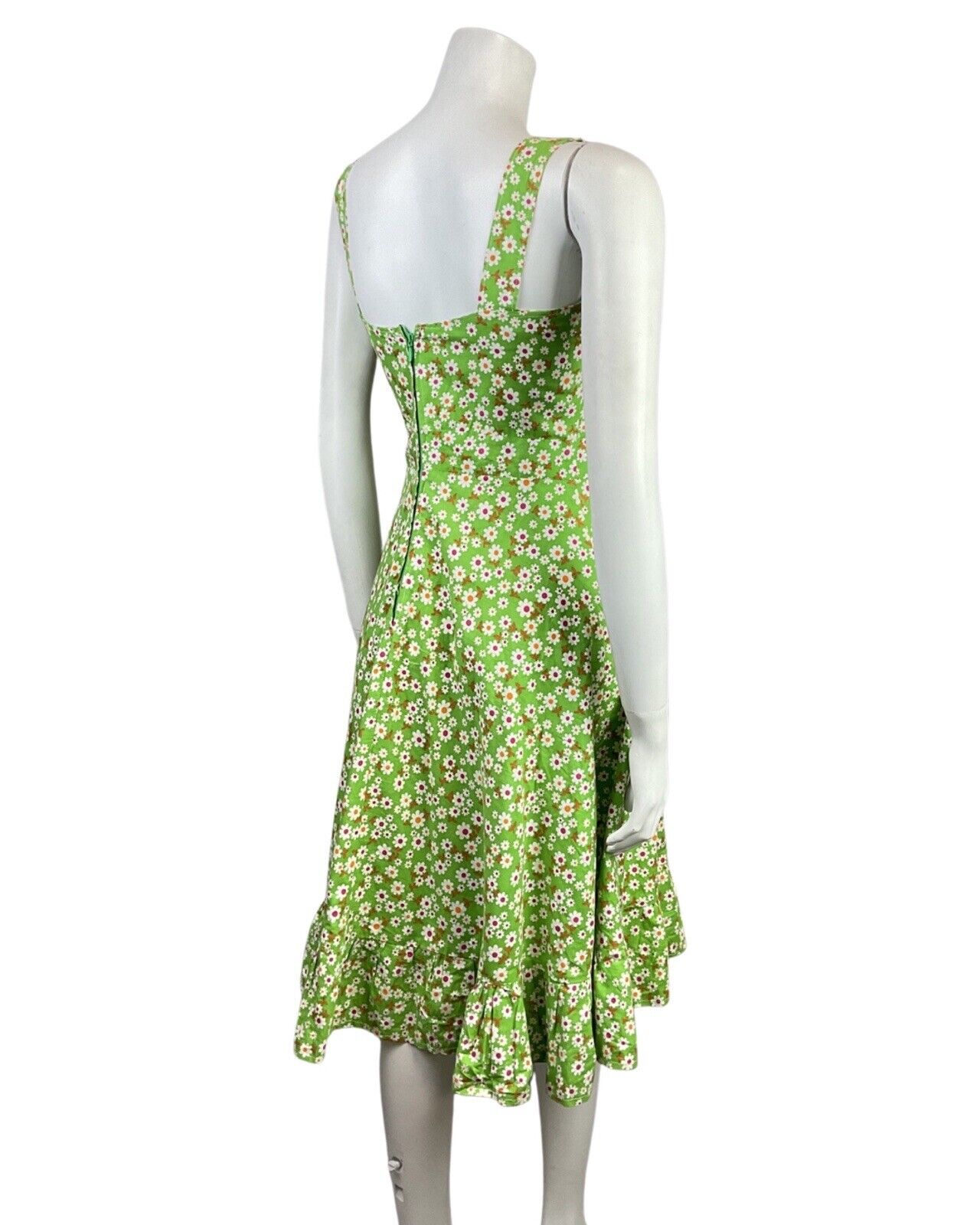 VINTAGE 60s 70s GREEN WHITE PINK DAISY FLOWER DITSY MOD STRAPPY SUN DRESS 6