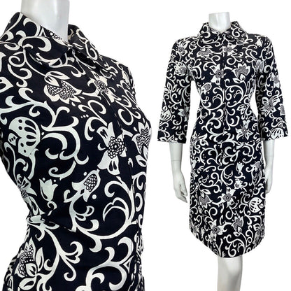 VINTAGE 60s 70s BLACK WHITE PSYCHEDELIC FLORAL SWIRL VINE MOD SHIRT DRESS 12 14