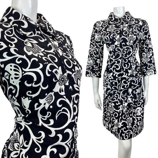 VINTAGE 60s 70s BLACK WHITE PSYCHEDELIC FLORAL SWIRL VINE MOD SHIRT DRESS 12 14