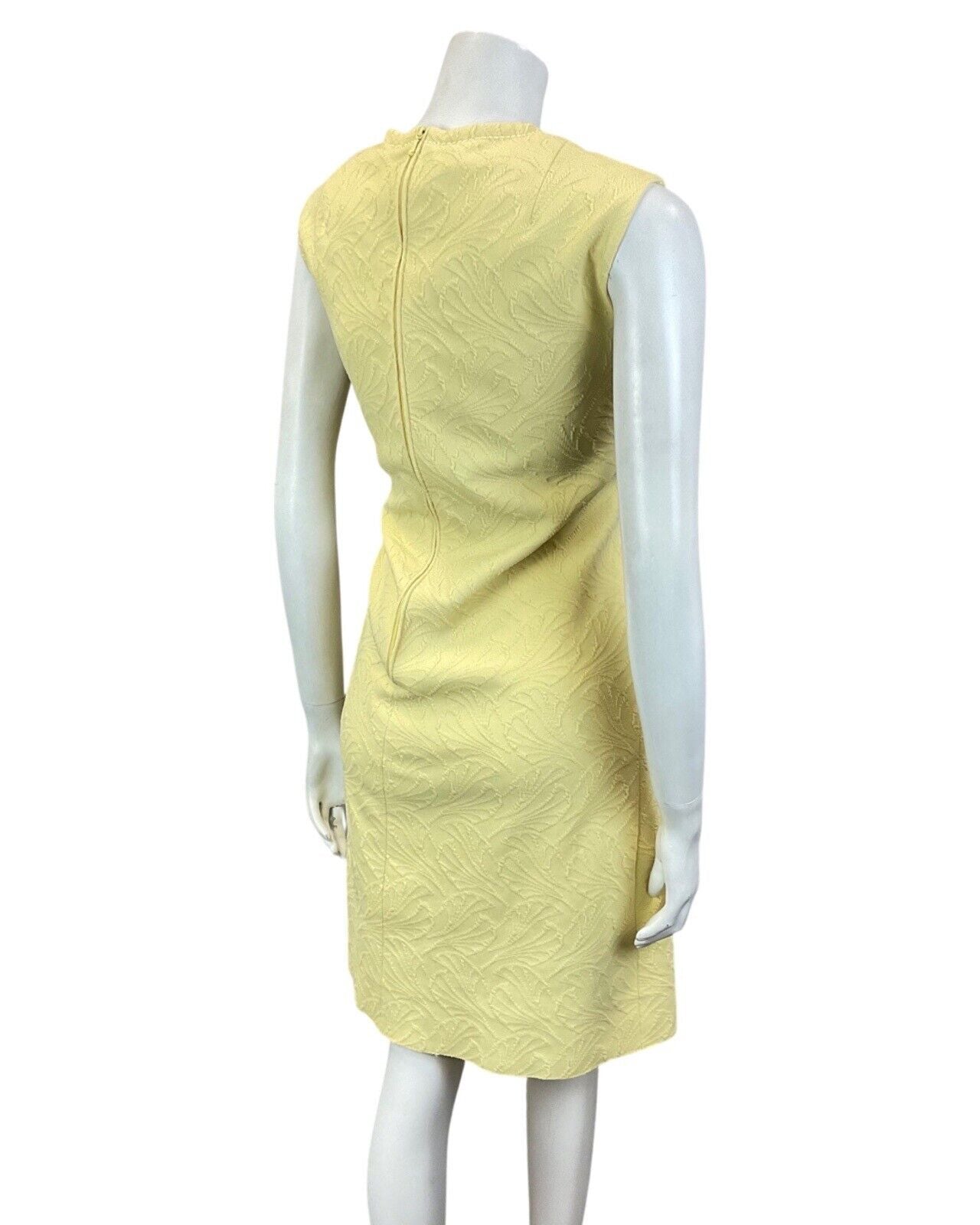 VINTAGE 60s 70s PALE YELLOW LEAFY SLEEVELESS MOD SCOOTER SHIFT DRESS 12 14