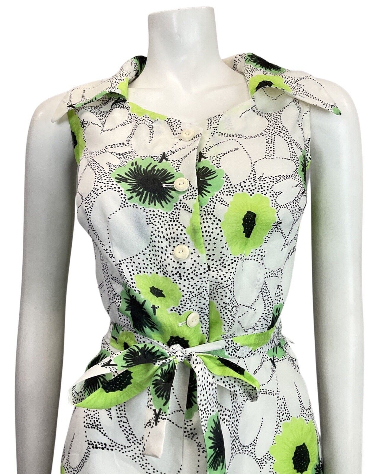 VINTAGE 60s 70s WHITE BLACK LIME GREEN DOTTY FLORAL SLEEVELESS SWING DRESS 10