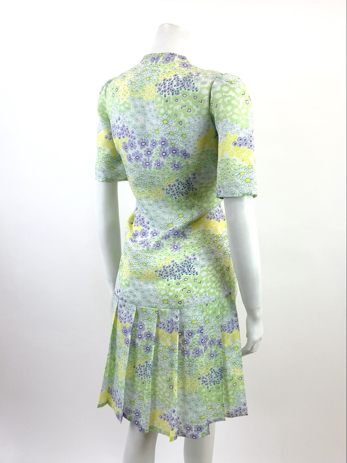 VTG 60s 70s GREEN PURPLE WHITE YELLOW FLORAL PSYCHEDELIC DROP WAIST DRESS 12 14