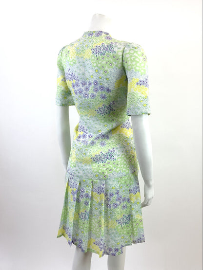 VTG 60s 70s GREEN PURPLE WHITE YELLOW FLORAL PSYCHEDELIC DROP WAIST DRESS 12 14