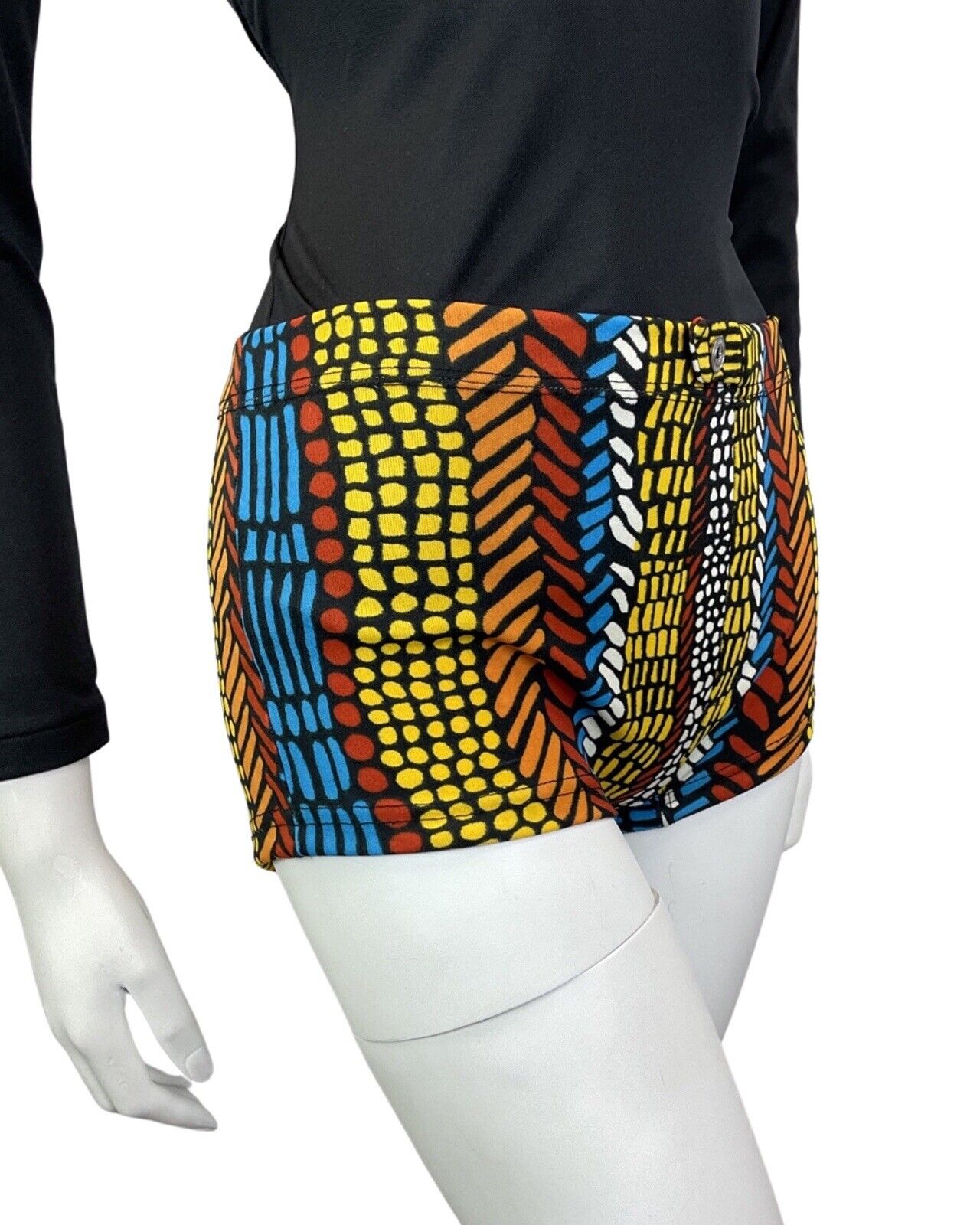 VINTAGE 60s 70s BLACK BLUE YELLOW GEOMETRIC DASH DOTTY HIPSTER SWIM SHORTS 10 12