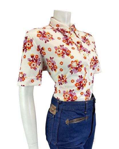 VINTAGE 60s 70s WHITE RED PURPLE DAISY FLORAL MOD SHORT SLEEVE SHIRT 16 18