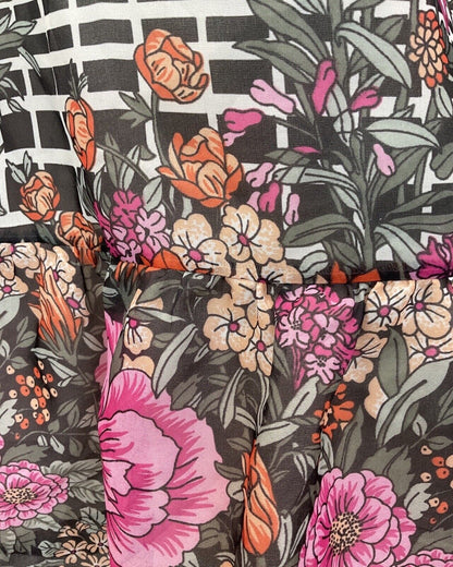 VINTAGE 60s 70s WHITE BLACK PINK FLORAL GARDEN RUFFLED SUMMER DRESS 10 12