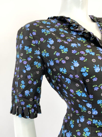 VINTAGE 60s 70s BLACK BLUE PURPLE FLORAL ROSE DAISY FITTED WIGGLE DRESS 10 12