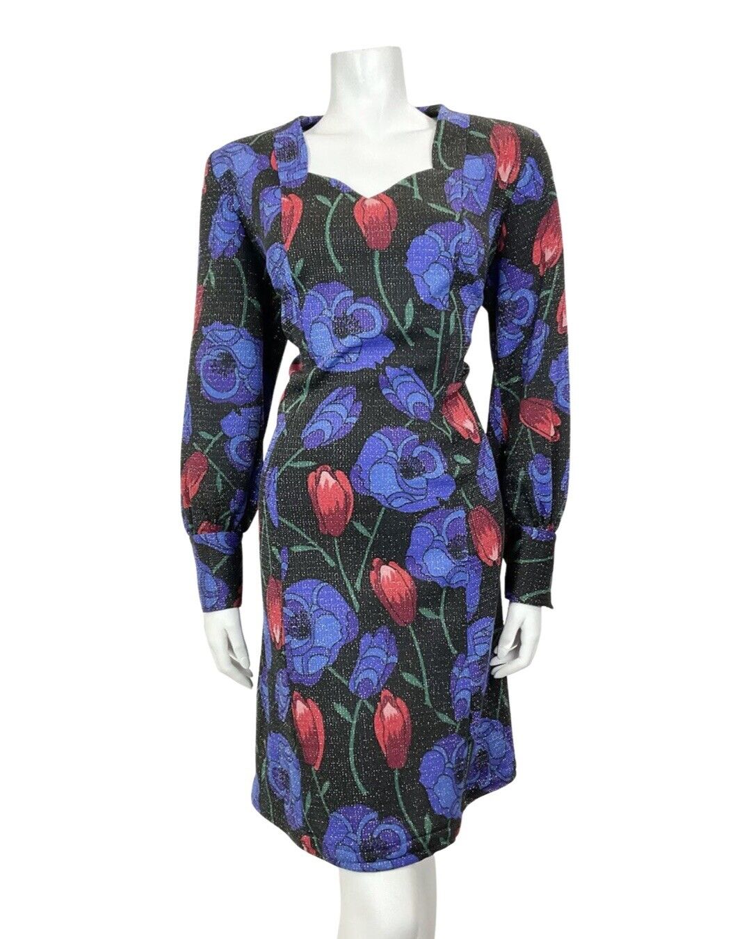 VINTAGE 60s 70s BLACK BLUE RED FLORAL ROSE TULIP LUREX PARTY GLAM DRESS 16 18
