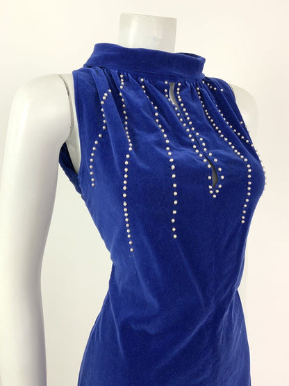 VINTAGE 60s ELECTRIC BLUE PEARL BEADED VELVET WIGGLE CUT OUT DRESS 10 12