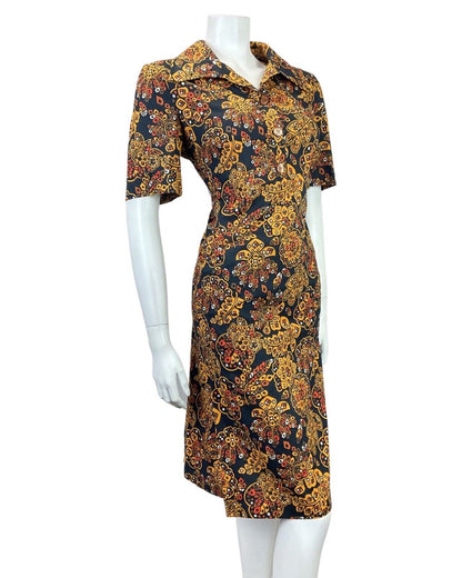 VINTAGE 60s 70s BLACK YELLOW ORANGE PSYCHEDELIC GEOMETRIC FLORAL SHIRT DRESS 16