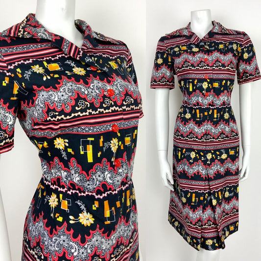 VINTAGE 60s 70s BLACK YELLOW WHITE RED GEOMETRIC FLORAL STRIPE SHIRT DRESS 12 14