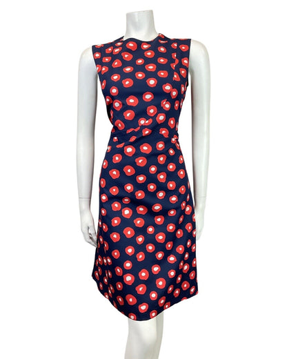VINTAGE 60s 70s BLUE RED WHITE ABSTRACT DOTTY SLEEVELESS MOD DRESS 10 12