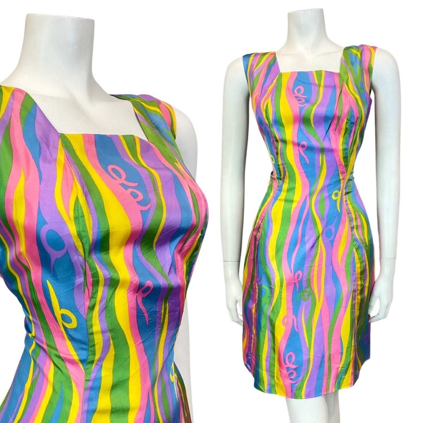 VINTAGE 60s 70s PURPLE BLUE YELLOW GREEN PSYCHEDELIC SLEEVELESS WIGGLE DRESS 10