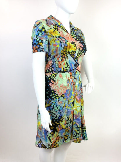 VINTAGE 60s 70s BLACK MULTICOLOURED PSYCHEDELIC ACID FLORAL LEAFY SHIRT DRESS 18