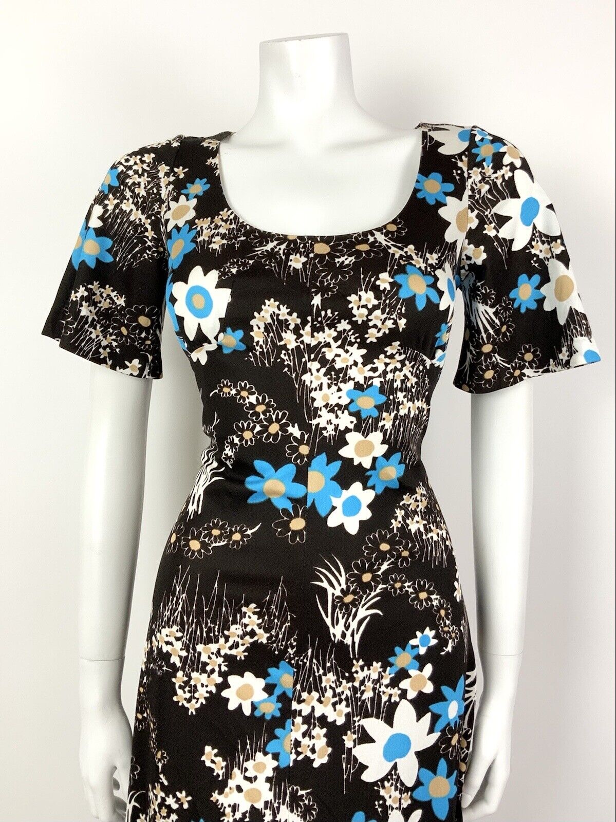 VINTAGE 60s 70s DARK BROWN WHITE BLUE FLORAL DAISY SUMMER DRESS 12