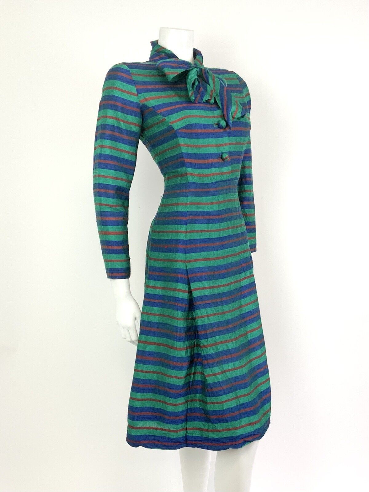 VINTAGE 60s 70s GREEN BLUE RED STRIPED METALLIC PUSSYBOW MOD SILK DRESS 10 12