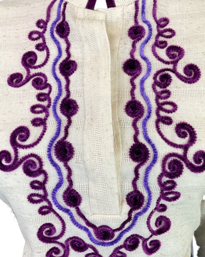 VINTAGE 70s CREAM PURPLE WINE VELVET SWIRL LUCIE LINDEN BOHO BLOUSE 12 14