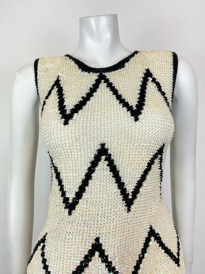 VINTAGE 70S 80S IRIDESCENT WHITE BLACK ZIG-ZAG MOD KNITTED SLEEVELESS TOP 10 12