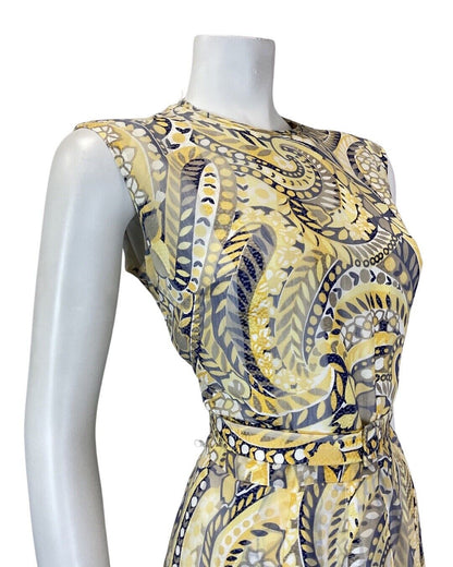 VINTAGE 60s 70s YELLOW BLUE PSYCHEDELIC PAISLEY FLOWER MOD SLEEVELESS DRESS 14