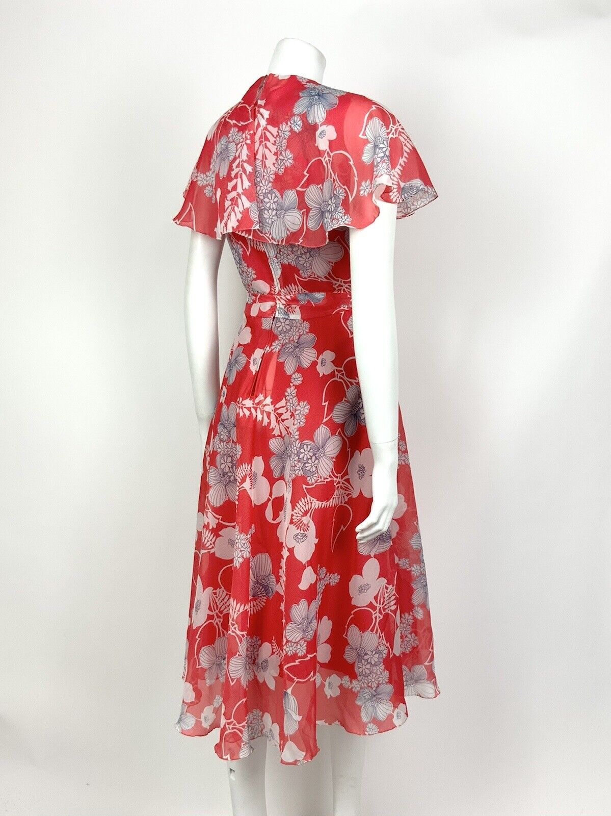 VINTAGE 60s 70s RED WHITE BLUE FLORAL CAPE SLEEVE SHEER SUMMER DRESS 8 10