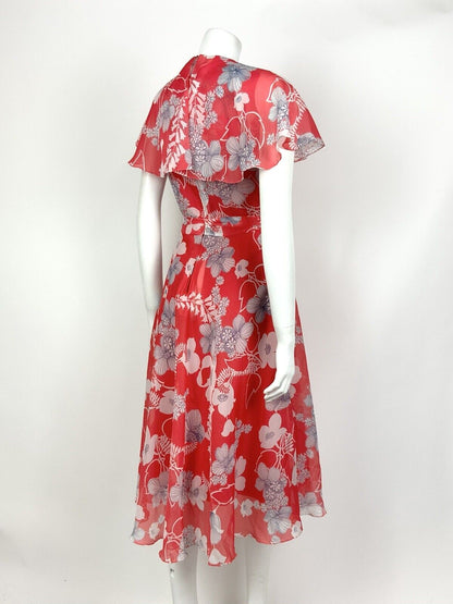 VINTAGE 60s 70s RED WHITE BLUE FLORAL CAPE SLEEVE SHEER SUMMER DRESS 8 10