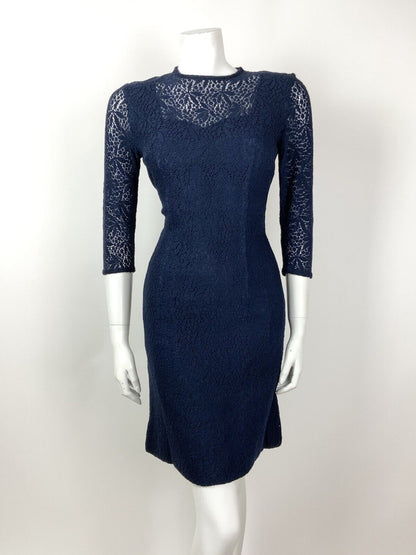 VINTAGE 60s 70s NAVY BLUE FLORAL LACE MOD PENCIL DRESS 12 14