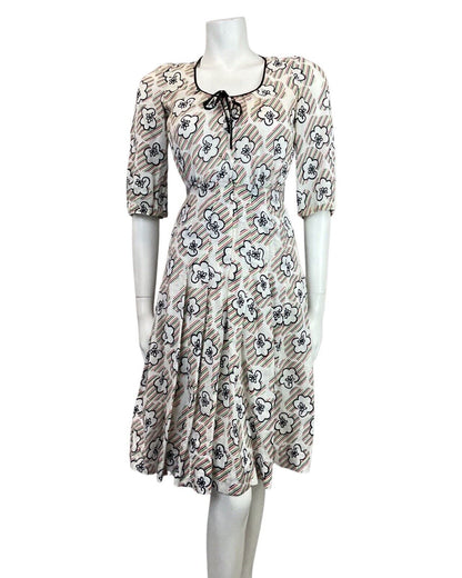 VINTAGE 60s 70s WHITE BLACK RED GREEN STRIPED FLORAL MOD SUMMER DRESS 6