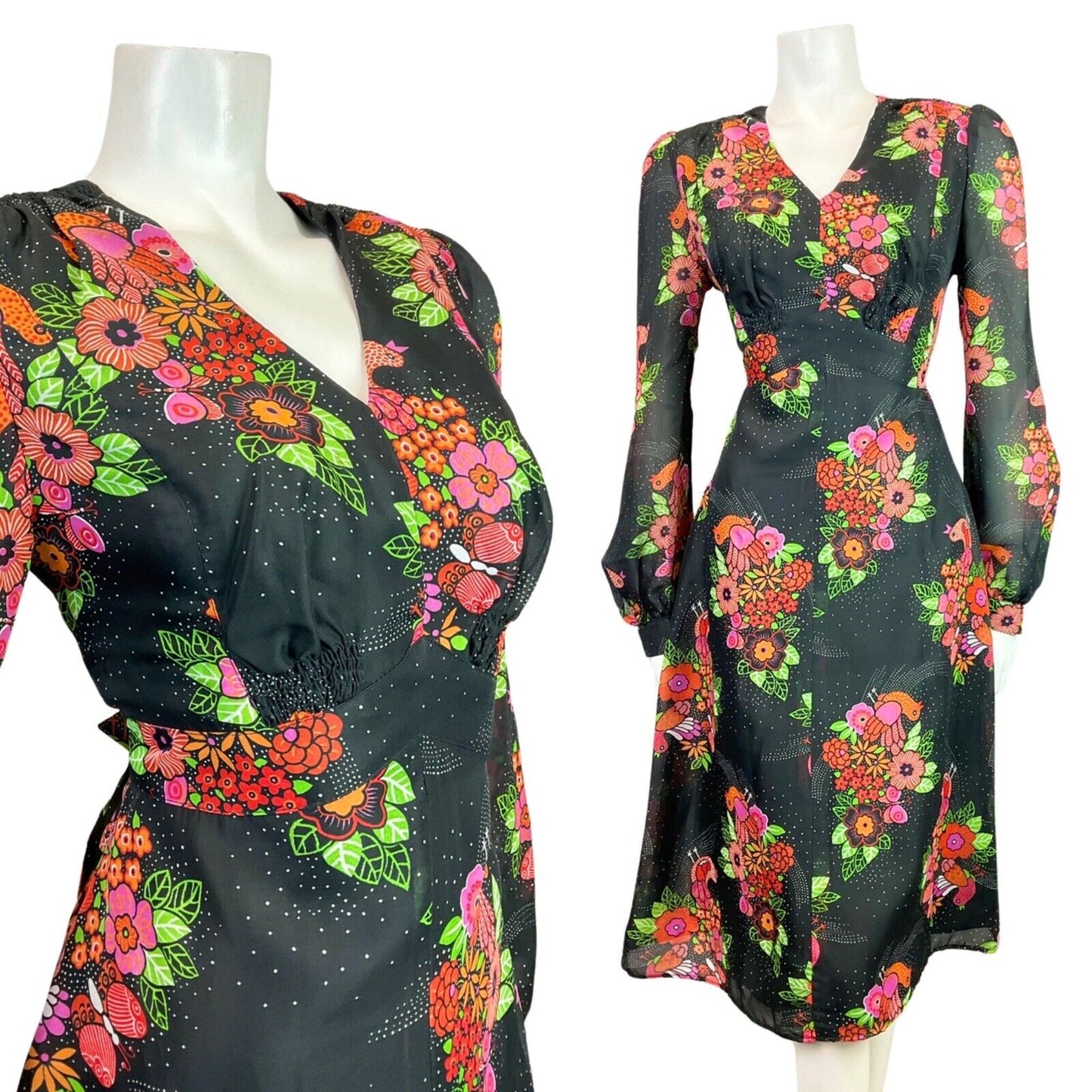 VTG 60s 70s BLACK PINK GREEN FLORAL BIRD BUTTERFLY SHEER SWING DRESS 12