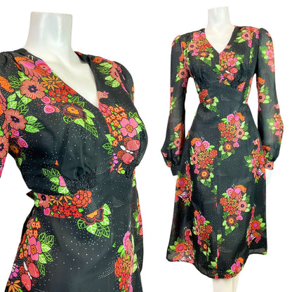 VTG 60s 70s BLACK PINK GREEN FLORAL BIRD BUTTERFLY SHEER SWING DRESS 12
