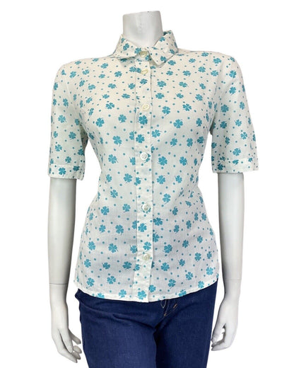 VINTAGE 60s 70s WHITE BLUE POLKA DOT CLOVER MOD SHORT SLEEVE SHIRT 12 14