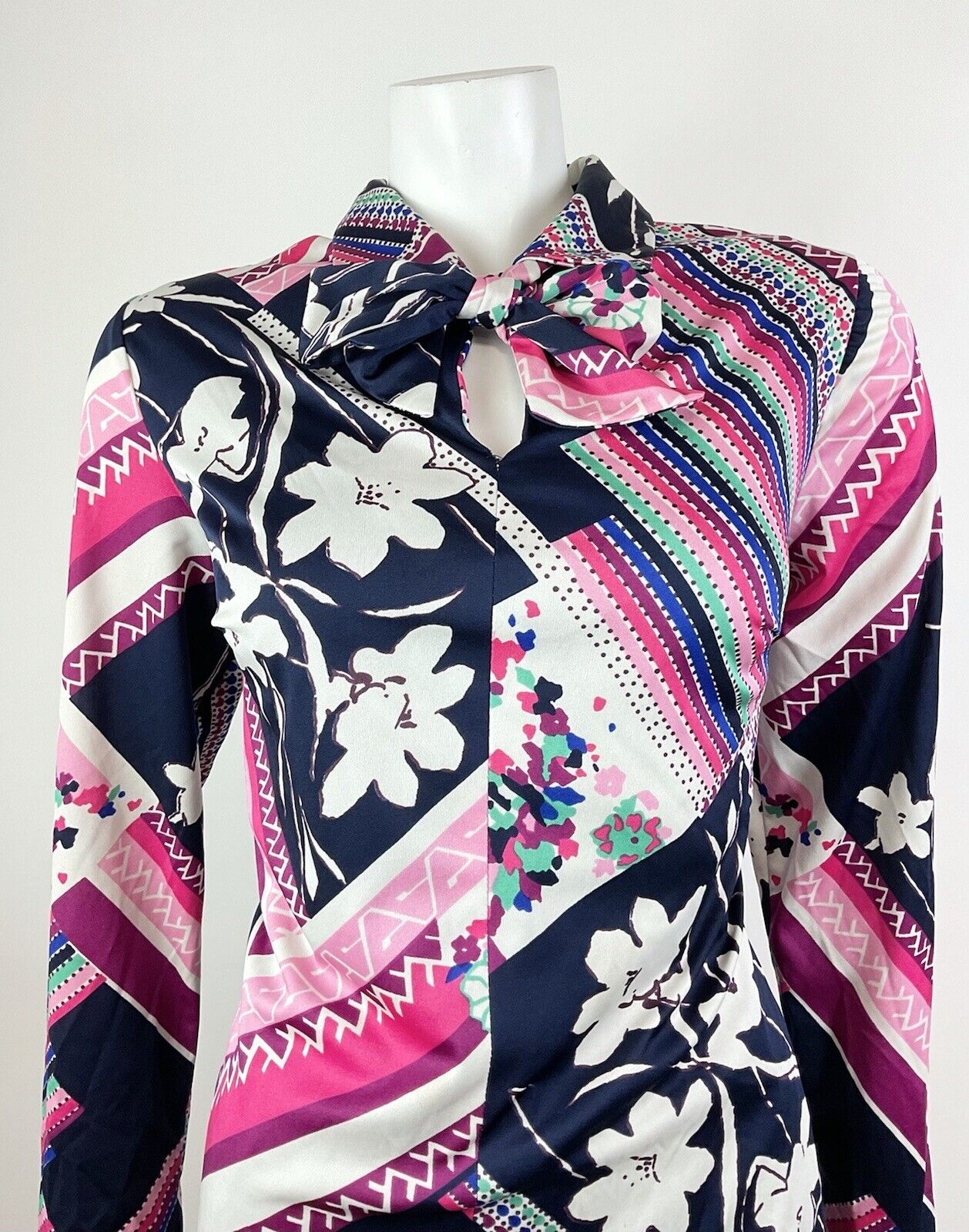 VINTAGE 60s 70s BLUE PINK WHITE PSYCHEDELIC STRIPED FLORAL BOW SHIRT DRESS 14 16