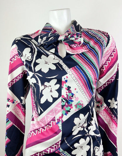 VINTAGE 60s 70s BLUE PINK WHITE PSYCHEDELIC STRIPED FLORAL BOW SHIRT DRESS 14 16