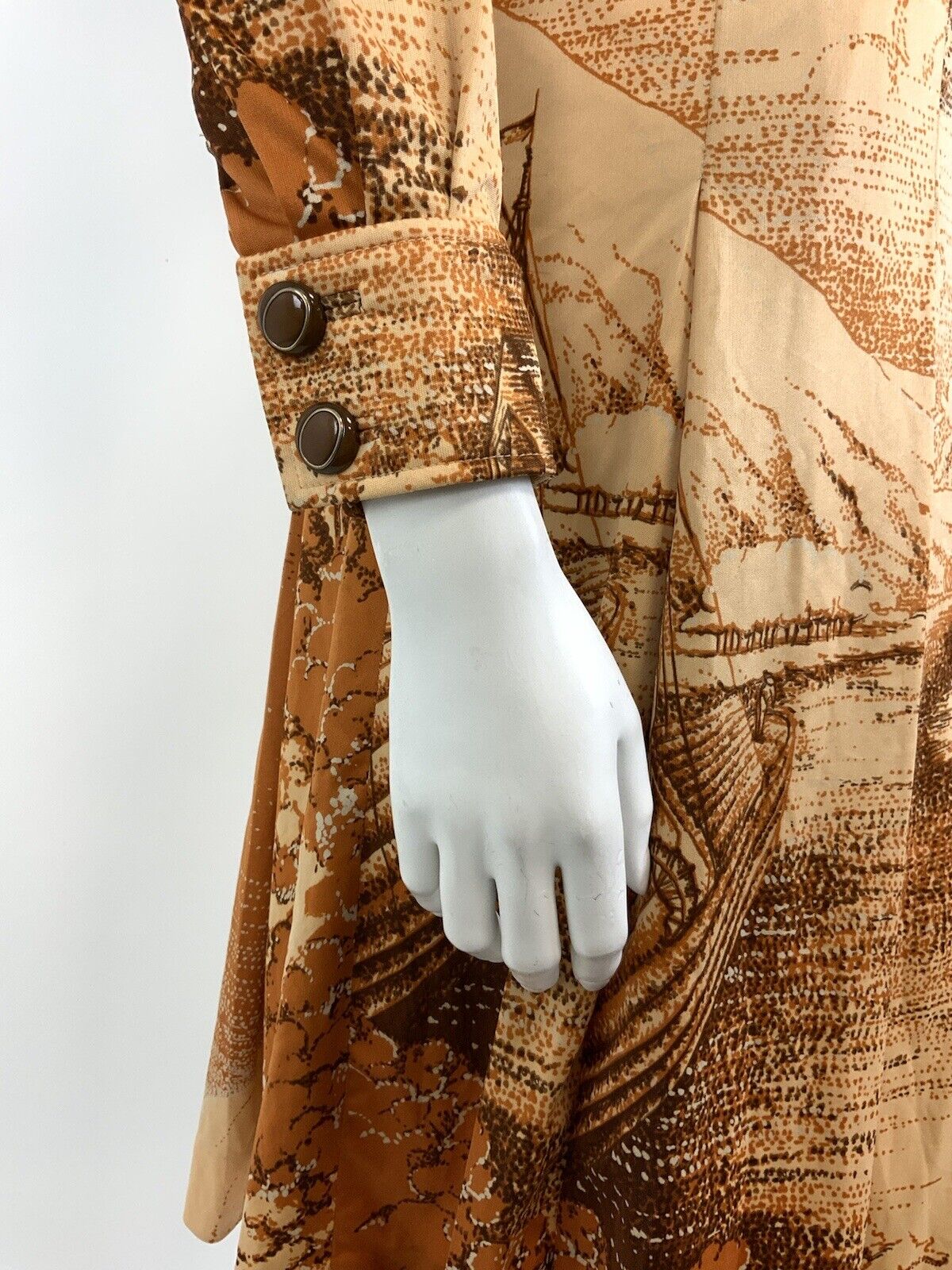 VINTAGE 60s 70s ORANGE BROWN CREAM PASTORAL FARM BOHO DAGGER SHIRT DRESS 8 10