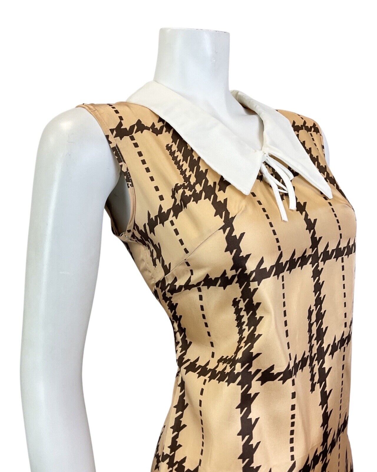 VINTAGE 60s 70s BROWN BRONZE HOUNDSTOOTH CHECKED MOD DAGGER SHIRT DRESS 8 10