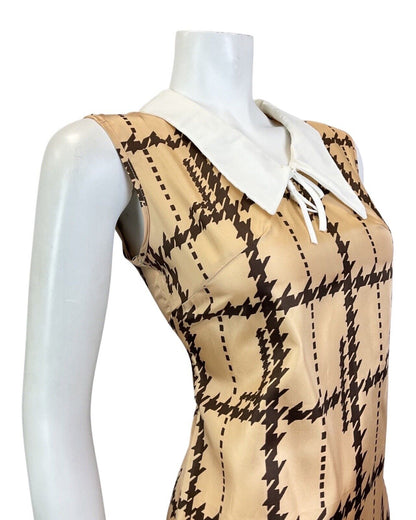 VINTAGE 60s 70s BROWN BRONZE HOUNDSTOOTH CHECKED MOD DAGGER SHIRT DRESS 8 10