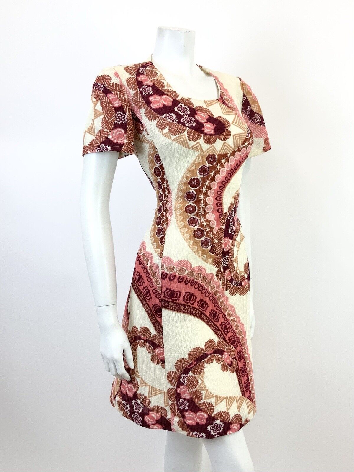 VINTAGE 60s 70s CREAM PINK PURPLE MANDALA HAWAIIAN FLORAL GEOMETRIC DRESS 14 16