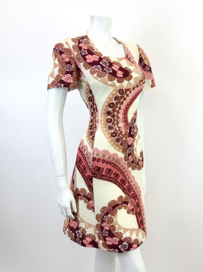 VINTAGE 60s 70s CREAM PINK PURPLE MANDALA HAWAIIAN FLORAL GEOMETRIC DRESS 14 16