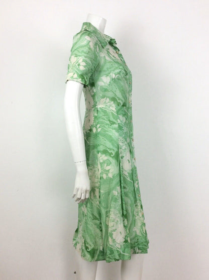 VINTAGE 60s 70s GREEN WHITE SWIRL PSYCHEDELIC SHIRT TEA DRESS 10 12