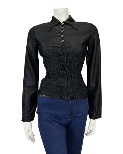 VINTAGE 60s 70s BLACK DAGGER COLLAR CROPPED SHIRRED MOD DISCO BLOUSE TOP 6