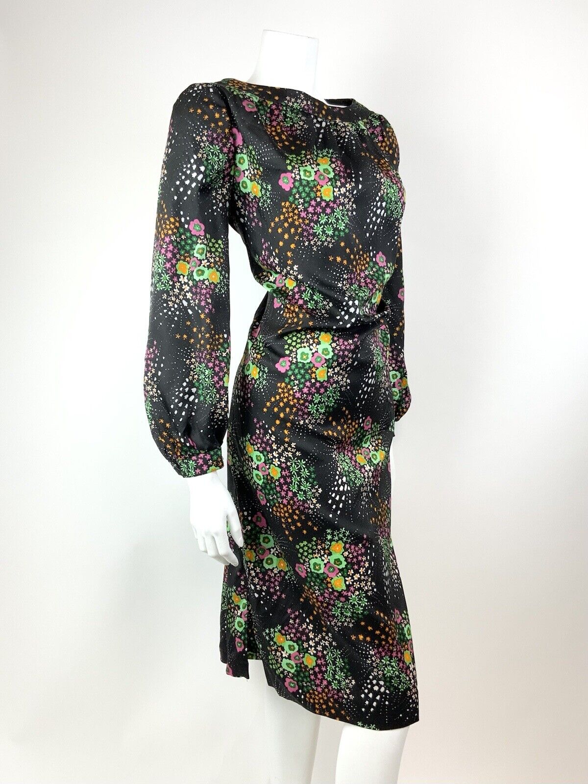 VTG 60s 70s BLACK GREEN PINK WHITE DOTTY FLORAL PSYCHEDELIC SHIFT DRESS 14 16