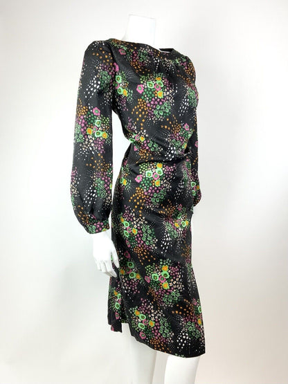 VTG 60s 70s BLACK GREEN PINK WHITE DOTTY FLORAL PSYCHEDELIC SHIFT DRESS 14 16