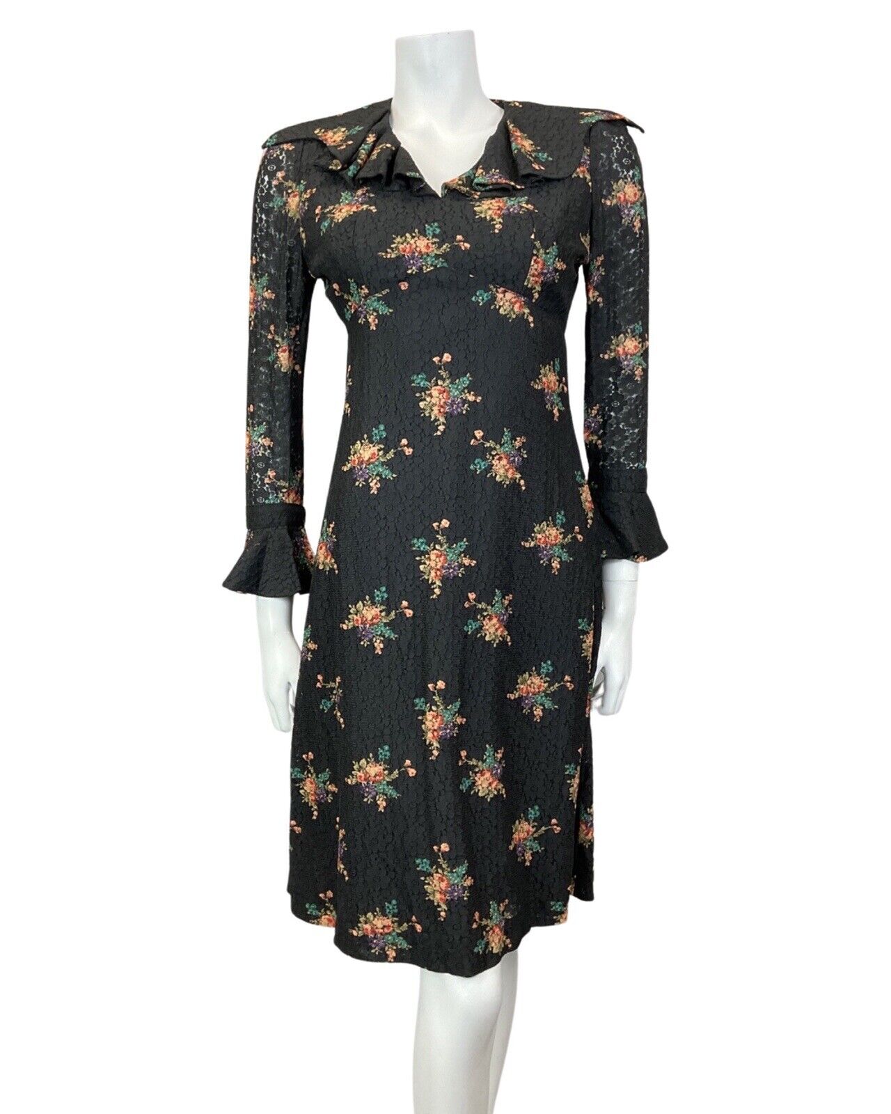VINTAGE 60s 70s BLACK GREEN LILAC BOUQUET FLORAL LACE RUFFLE SHORT DRESS 8