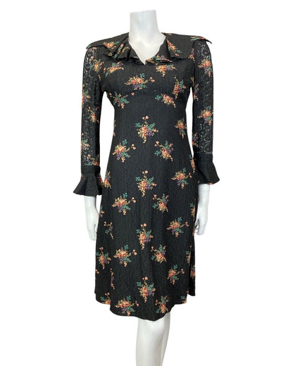 VINTAGE 60s 70s BLACK GREEN LILAC BOUQUET FLORAL LACE RUFFLE SHORT DRESS 8
