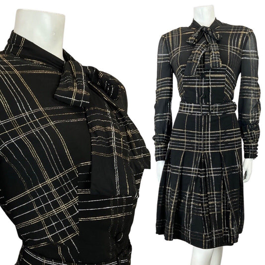 VINTAGE 60s 70s BLACK GOLD SILVER CHECKED MOD SHEER PUSSYBOW SHIRT DRESS 12