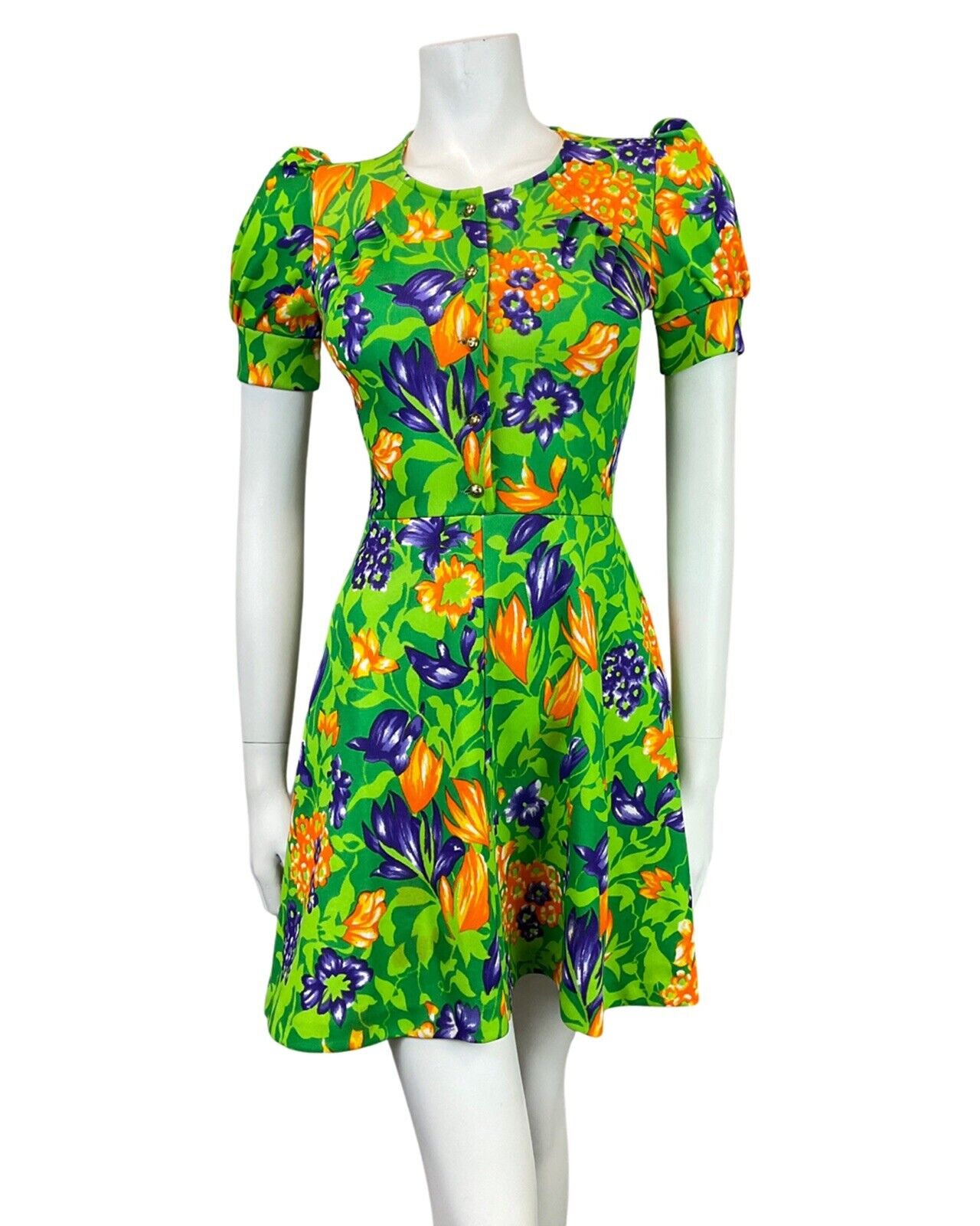 VINTAGE 60s 70s GREEN PURPLE ORANGE FLORAL LEAFY PUFF SLEEVE MOD SUMMER DRESS 8