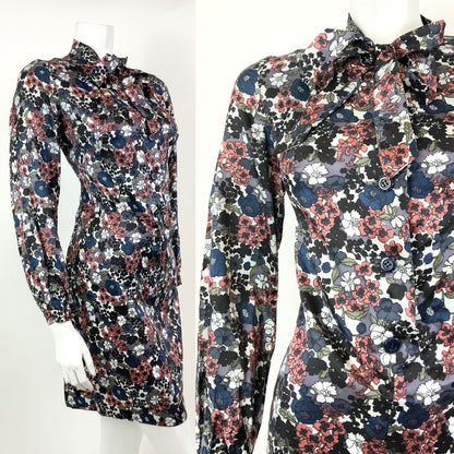 VINTAGE 60s 70s WHITE BLUE BLACK PINK FLORAL DITSY PUSSYBOW SHIFT DRESS 12 14