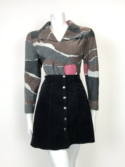 VINTAGE 60s 70s BLACK BROWN PINK ABSTRACT GLITTER LUREX SHIRT BLOUSE 14 16