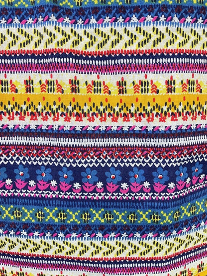 VTG 70s BLUE YELLOW PINK STRIPED DAISY GEOMETRIC PUFF SLEEVE BOHO BLOUSE 12 14