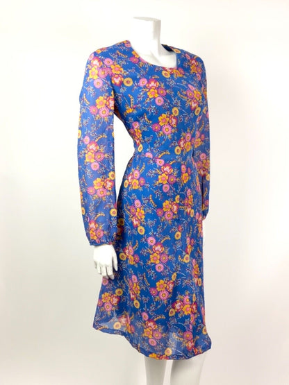 VINTAGE 60s 70s BRIGHT BLUE YELLOW PINK FLORAL DOTTY SHEER DRESS 12
