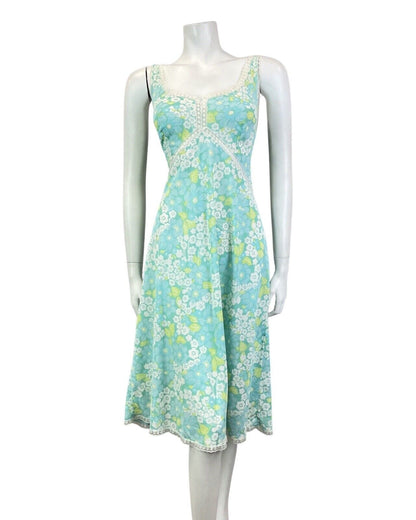 VINTAGE 60s 70s BLUE GREEN WHITE DAISY FLOWER LACE SUMMER NIGHT SLIP DRESS 14 16